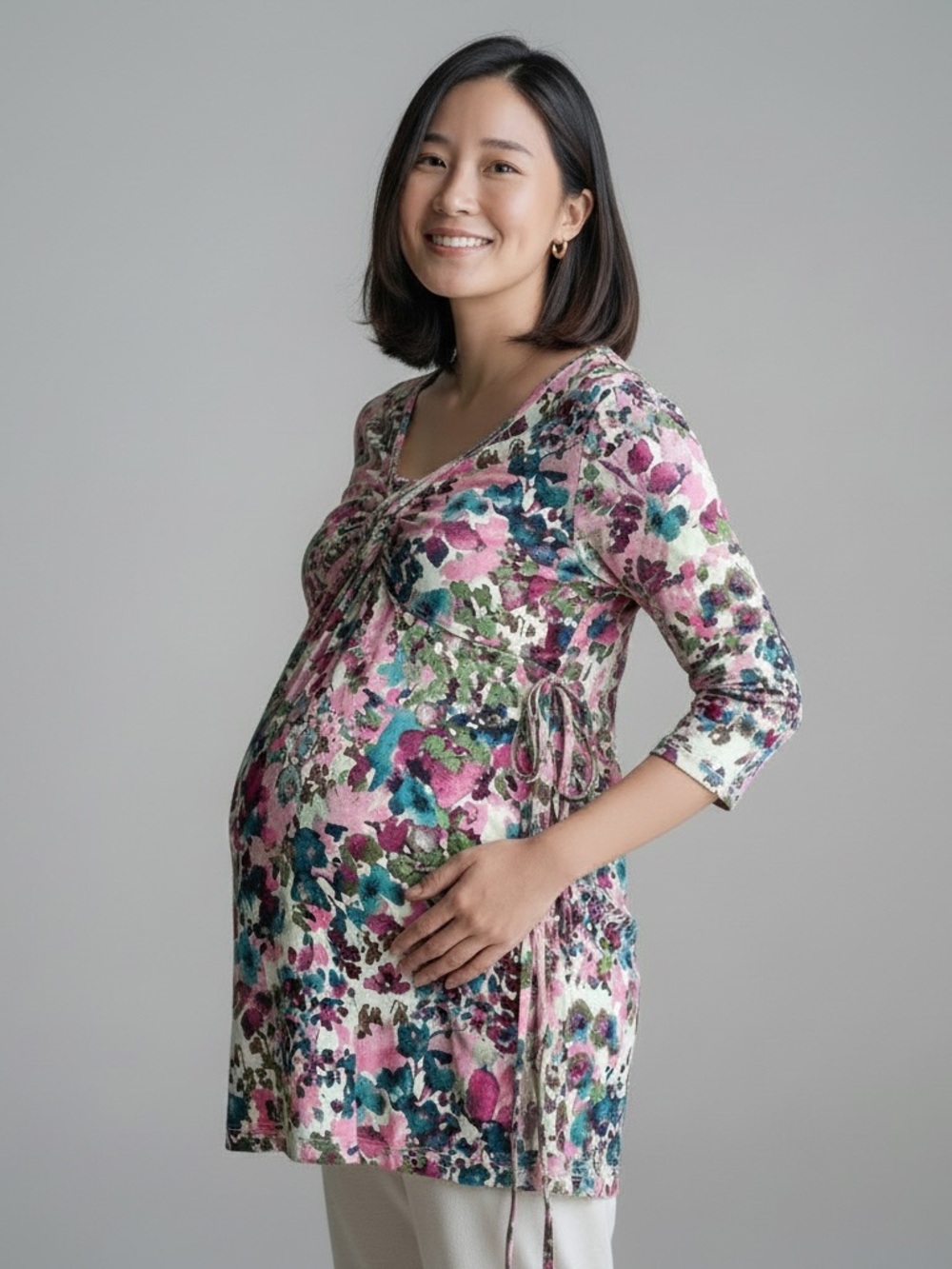 Three Seasons Maternity M Floral Tunic Top in Pink, Purple & Green